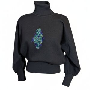 vtg Ski Sweater Black Turtleneck Sweater  Embroidered Design By Tyrolia Sz L
